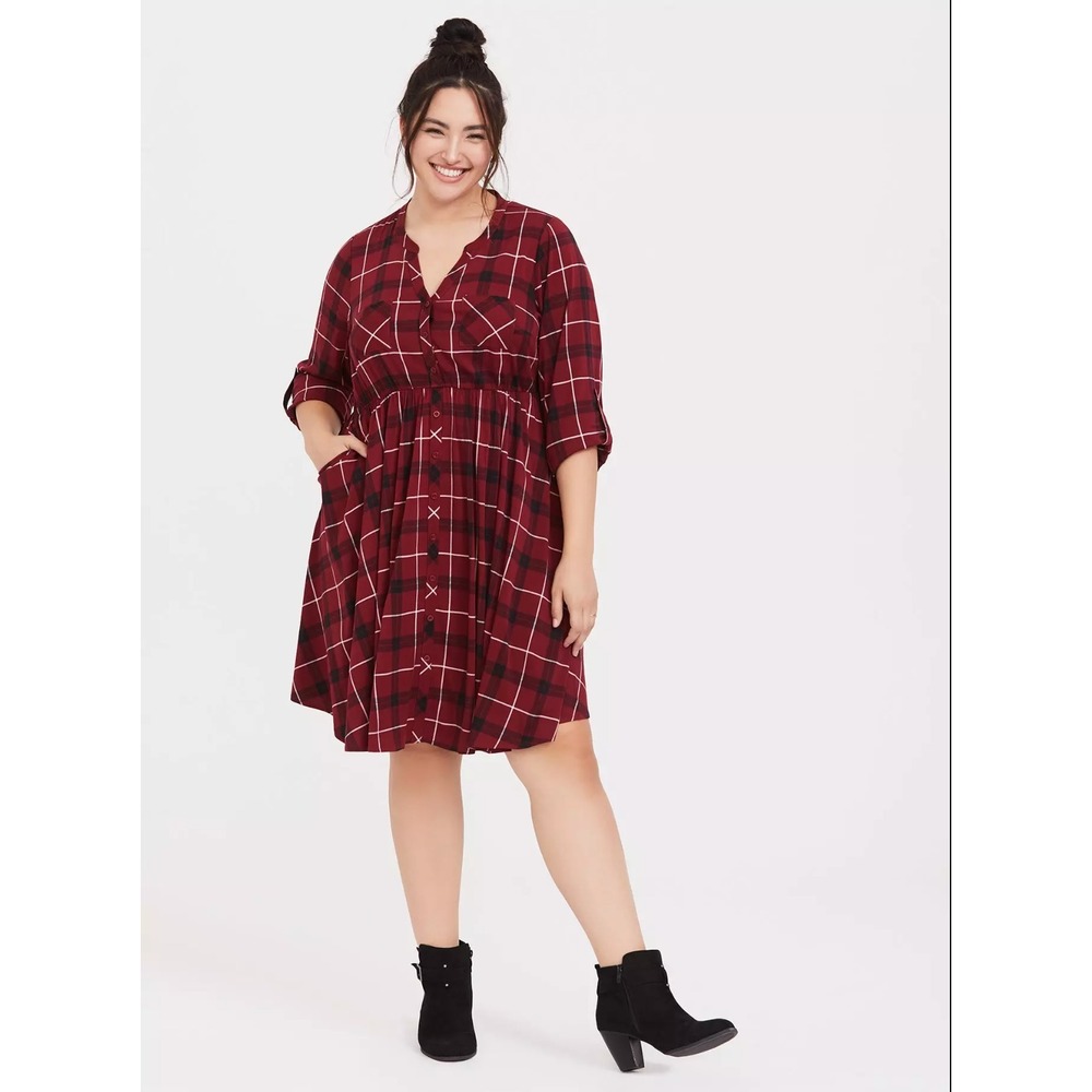 Torrid Mini Challis Button-Front Shirt Dress Red Size 4X Plaid Roll Up Sleeves